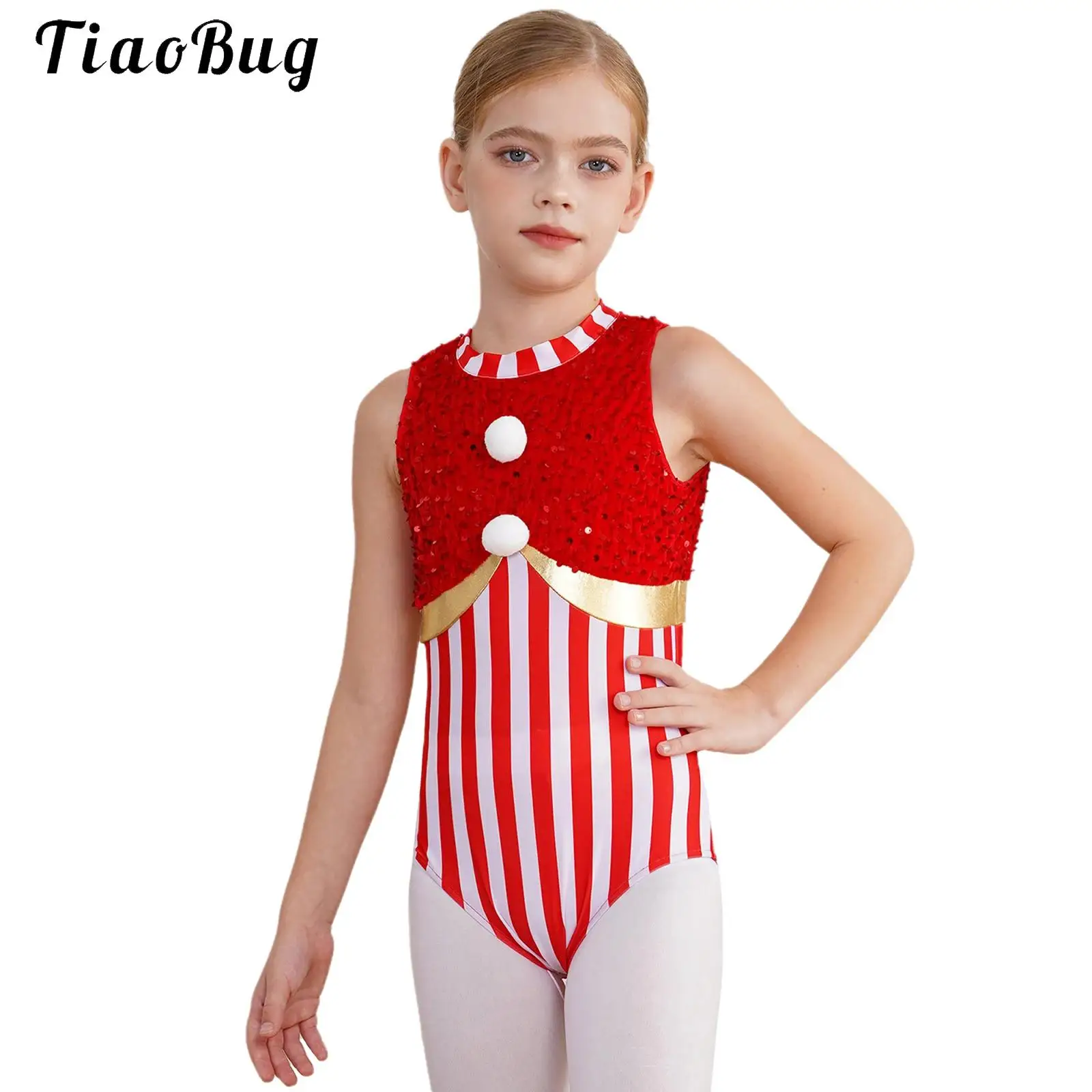 

Girls Miss Santa Claus Dance Costume Candy Cane Striped Sequins Leotard Ballet Gymnastics Unitard Bodysuit Christmas Dancewear