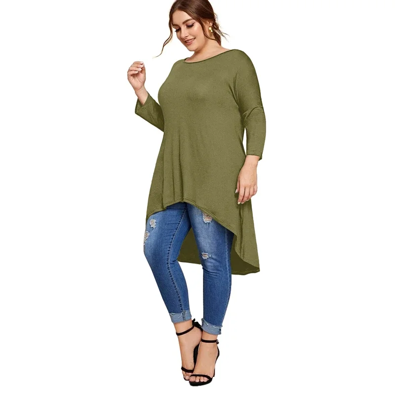 Plus Size Lange Mouw Elegante Tops Vrouwen Lange Hi Low Fit Flare Lente Herfst Swing Blouse Tuniek T Shirt Grote Maat Kleding 5xl