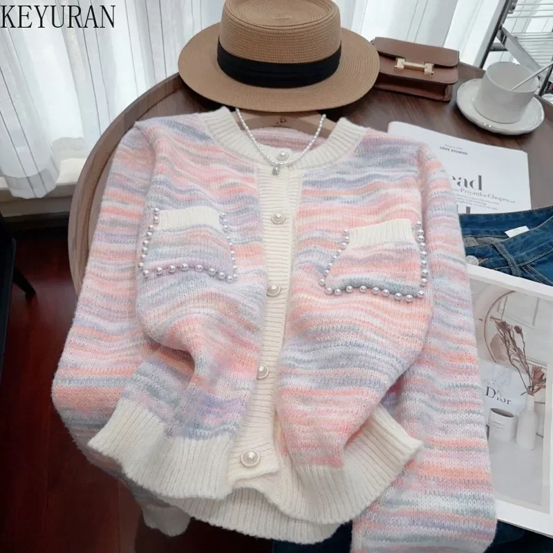 Autumn Winter Knit Cardigan Sweater Women Vintage Elegant Fashion Peals beading Long Sleeve Single-breasted Knitwear Tops Jumper