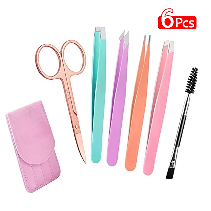 6 Pcs Tweezer Set Stainless Steel Eyebrows Tweezer Curved Scissors Women Travel Daily Beauty Tools Set with Leather Travel Case