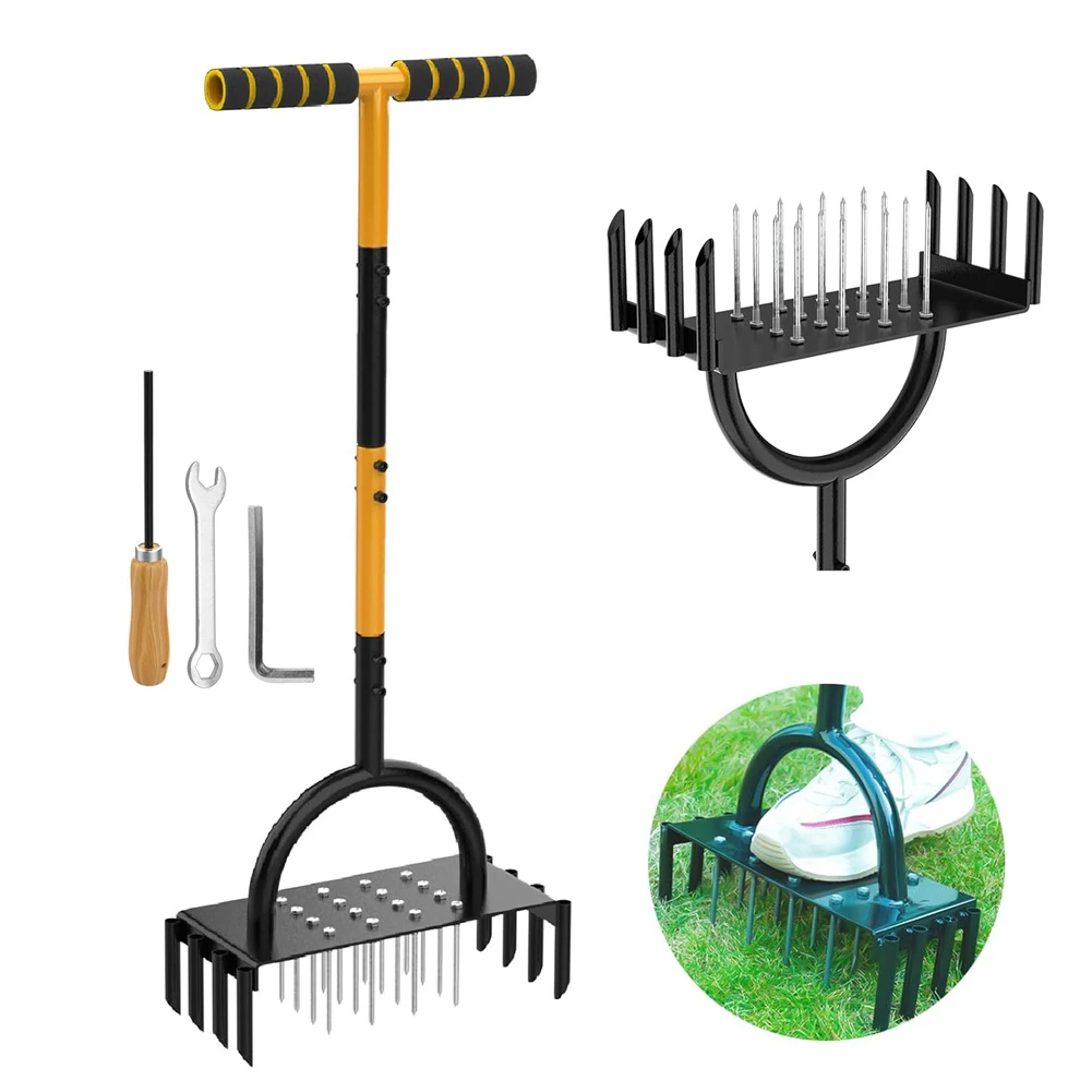 Aireador de césped Manual 2 en 1, herramienta con punta para aireador de césped de 96cm con 16 picos, 8 núcleos, herramienta aireadora de césped para patio y jardín