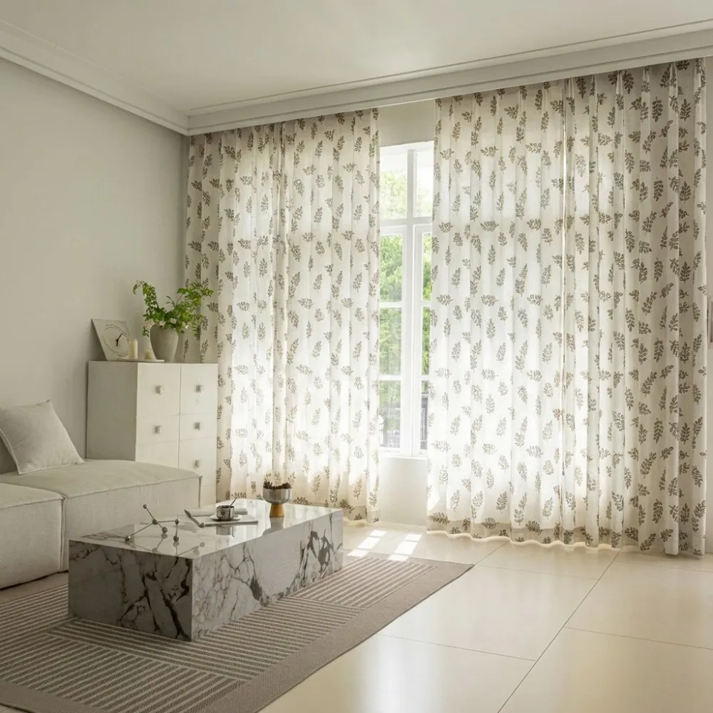 1pc Cross-Border Imitation Hemp Leaf Print Curtain, Forest Vintage Style, Semi-Sheer Mesh Curtain with Holes, Half-Transparent D