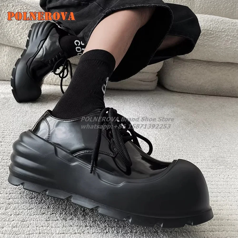 

Big Toe Height Increasing Black Pumps Round Toe Thick Sole Cross Tied Shallow Punk Men Shoes 2024 New Arrivals Comfortable Trend