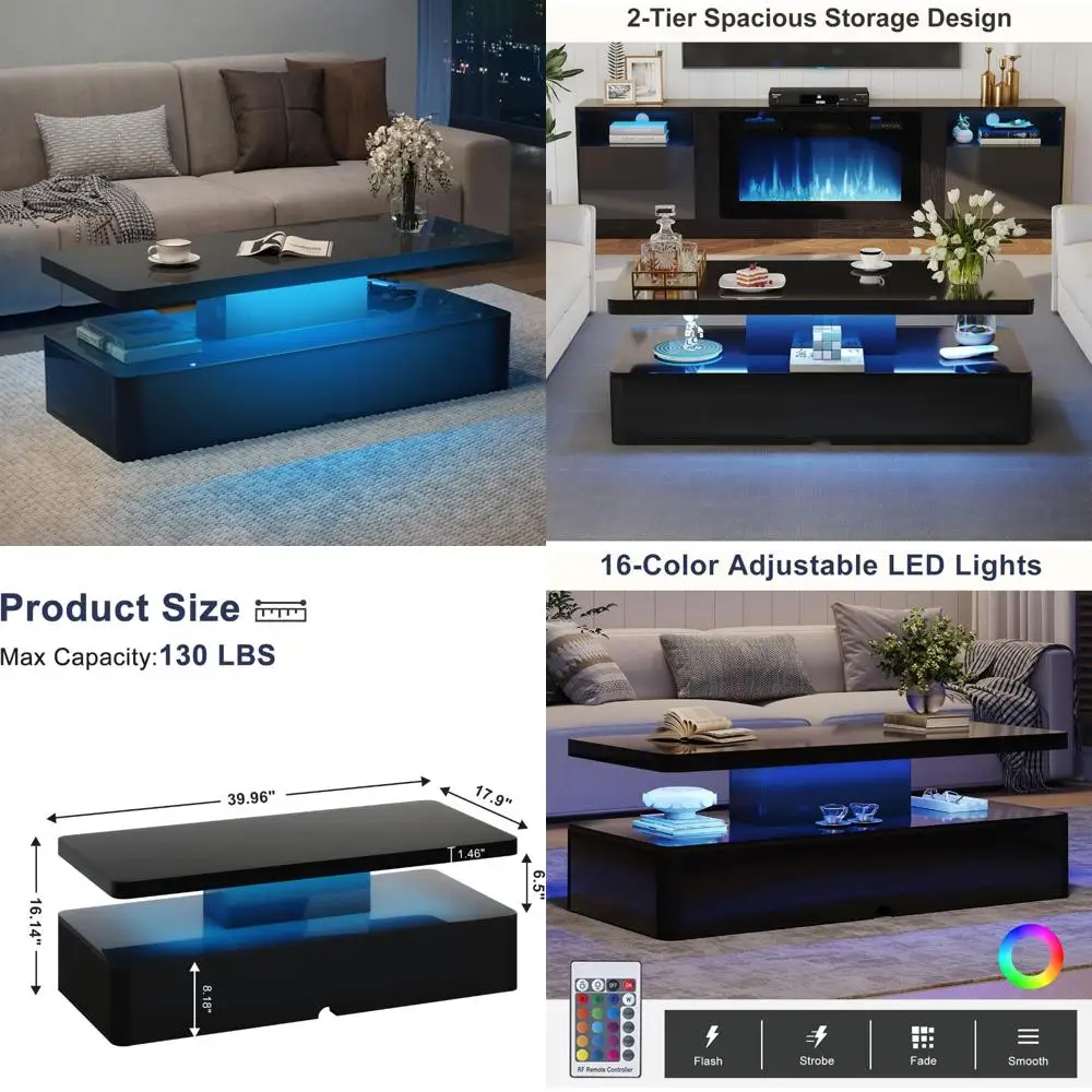 

LED Illuminated Rectangular Coffee Table with Storage, 40 Large, 16 Color Options, 2 Tier Design