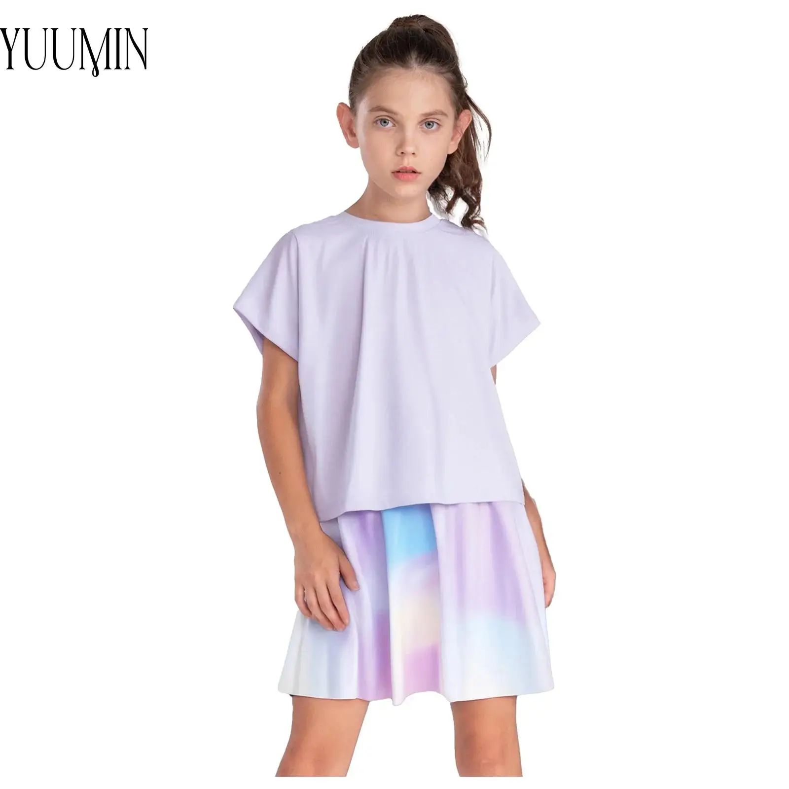 

Quick-Drying Badminton Tennis Outfit for Kids Girls Breathable Sports Set Short Sleeve Wrap Back T-shirt with Tie-Dye Skirt Sets