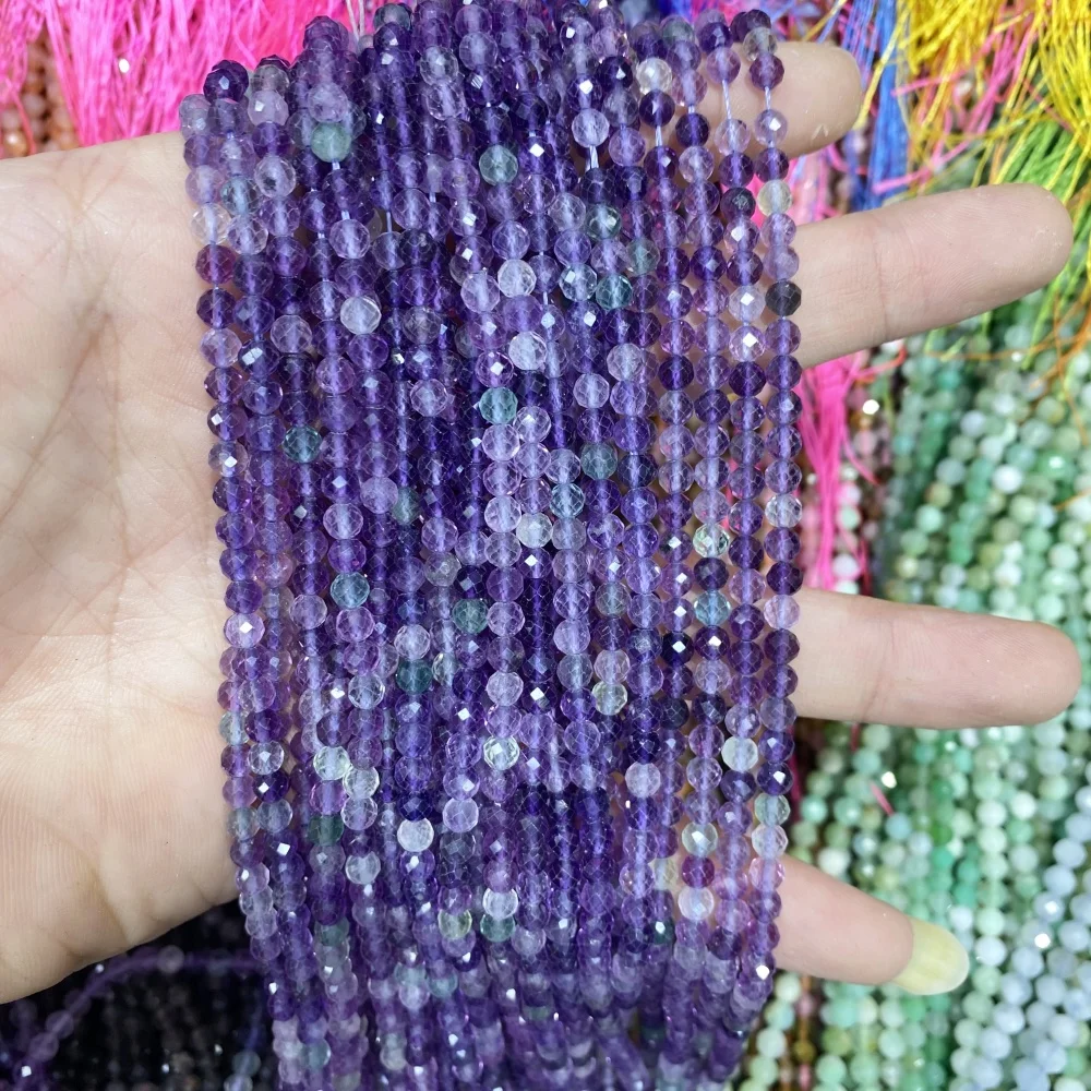 Cuentas de piedra facetadas pequeñas naturales de 4MM, cuentas de Esmeralda de fluorita púrpura semipreciosa para fabricación de joyería, collar de pulsera DIY