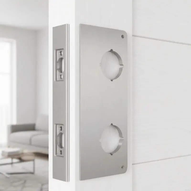Two-Hole Door Lock Reinforcement Plate, Steel Rectangular Hardware with Two Round Face Openings for Repairing a or M4YD