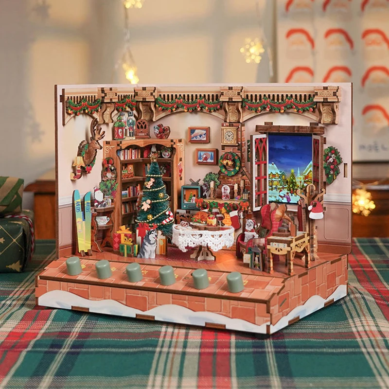 DIY 3D Houten Puzzel Kersthuisje Miniatuur Model Kits met Muziek Geluid Kerstman Casa Legpuzzels voor Vrienden Geschenken