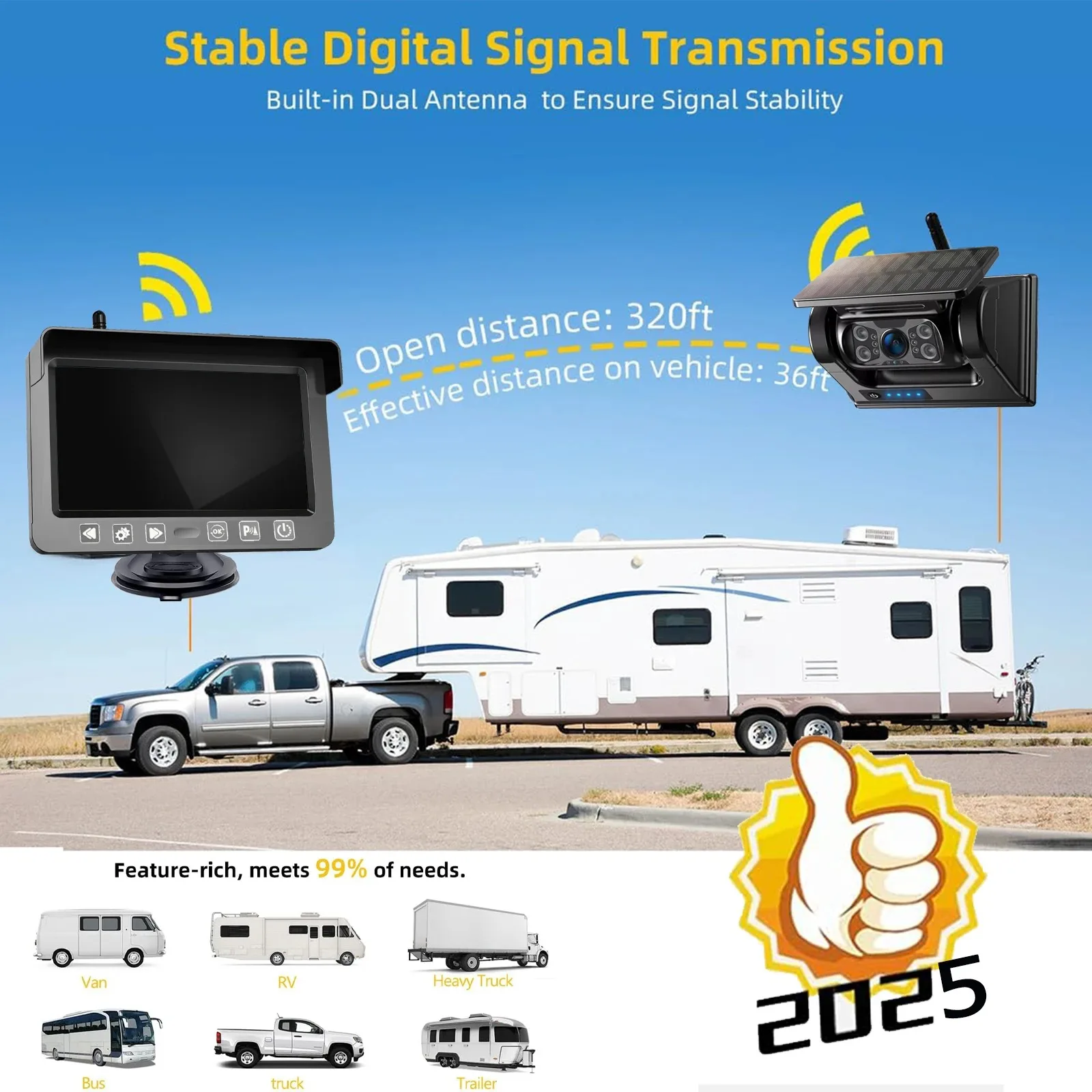 Lastbus 5" Digital Wireless 2 Ch Splitscreen Monitor + 1/2x Wireless Solar Panel 1080P Backup Rear View Cameras For Truck RV - Image 3