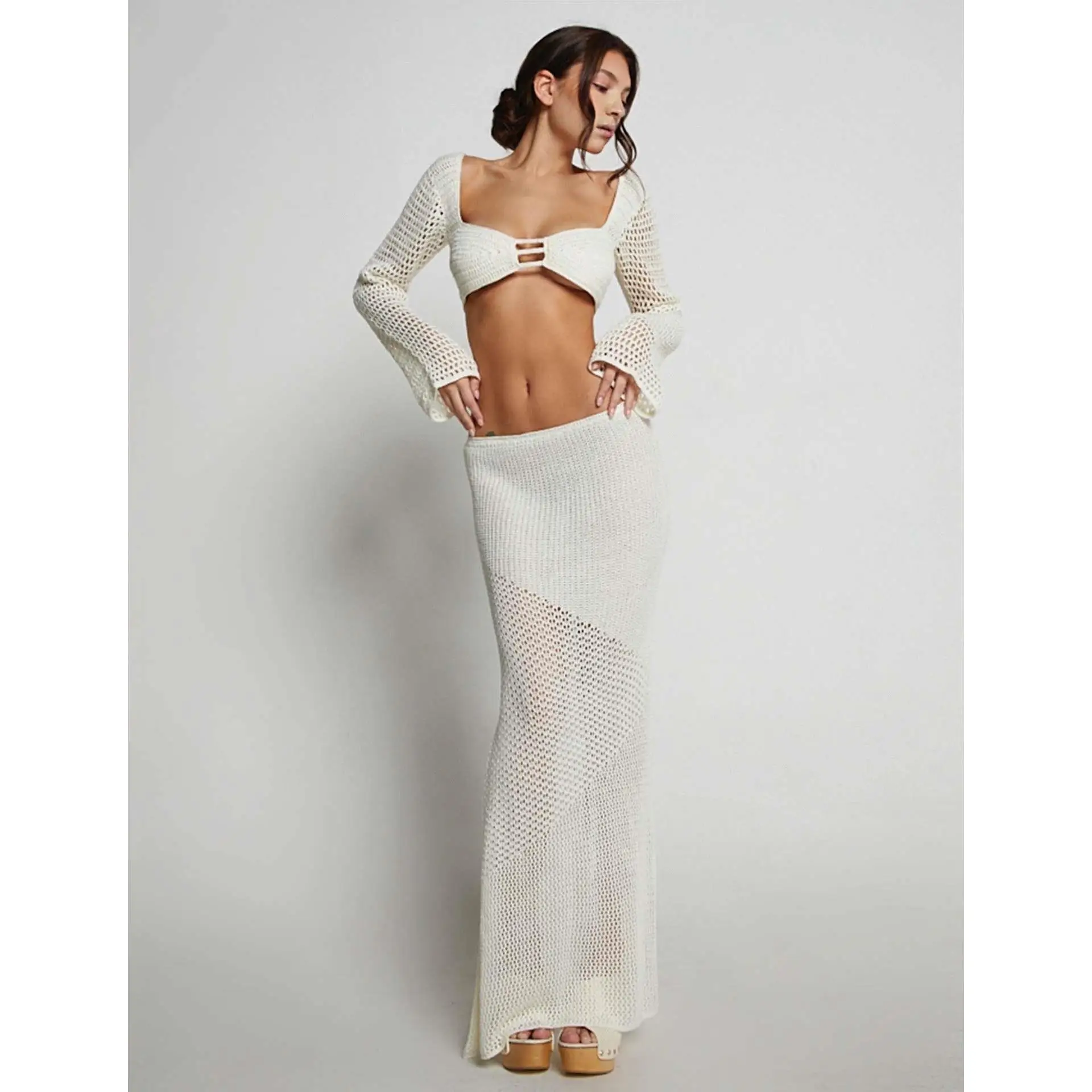 

Summer Women's Long Sve Knot Waist Casual Knitted Skirt Set Trendy Full Body Coverage Ensemble for Faionable Ladies