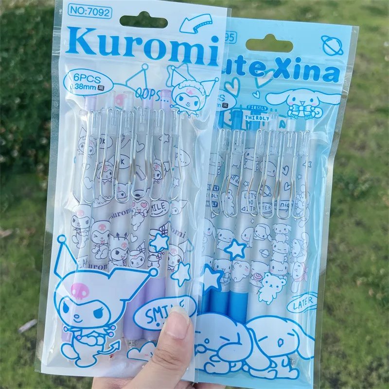 6PCS Set Creative Sanrio Roller Ball Pen Cartoon Anime Stationery Kuromi My Melody Cinnamoroll 0.38Mm Black Student Use