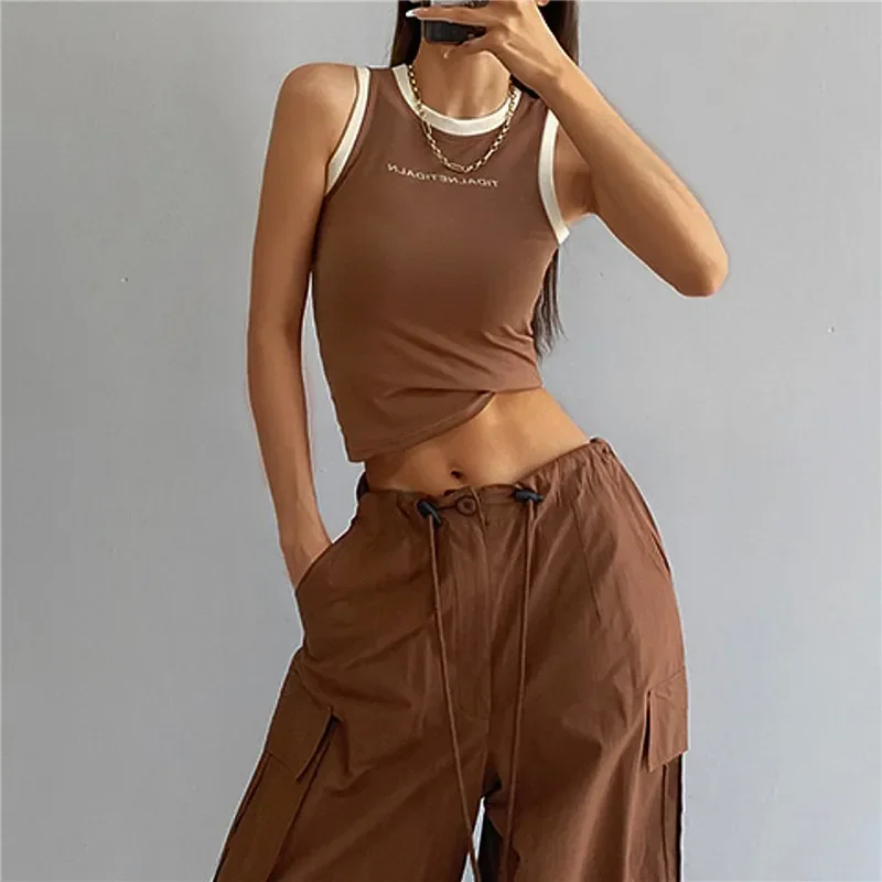 

Vintage Tight-Fitting Sleeveless Vest Crop Top Women Streetwear Casual Tank Tops Women'S Slim Sweet Cool Short Sports Bottom Top