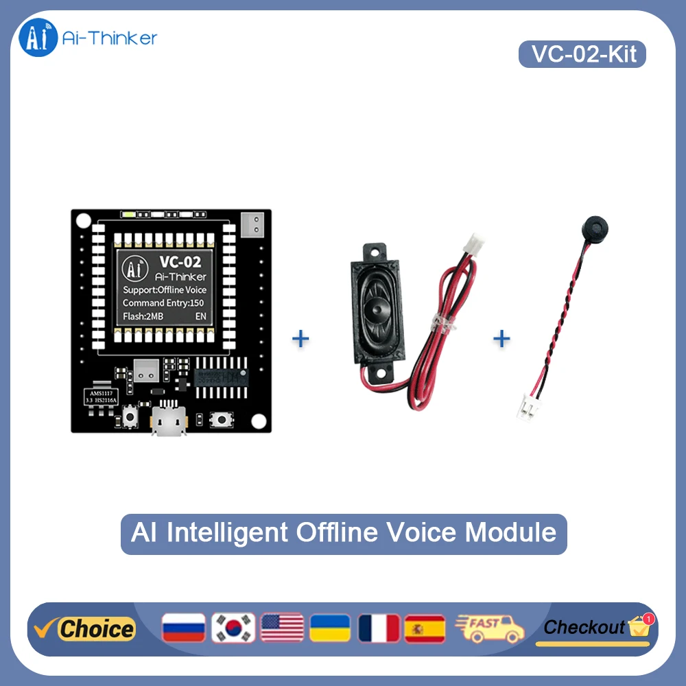 

VC-02 AI Voice Control Board, 150 Commands, High Recognition Rate, Fast Response, 5m Wakeup, No Coding Required, for Smart Home