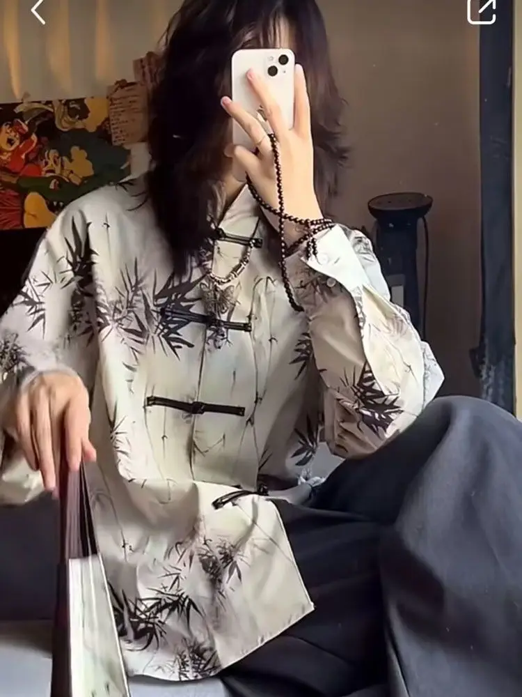 

Chinese style button up Tang style shirt top for women's versatile loose fitting new Chinese style long sleeved standing collar