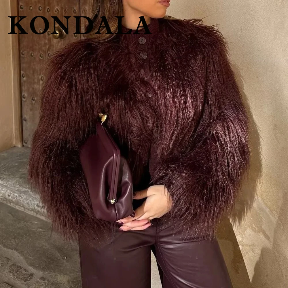 KONDALA Chic Fashion 2025 Autumn Elegant Women Coat Single Breasted Knit Burgundy Jacket Casual Faux Fur Female Tassel Outerwear