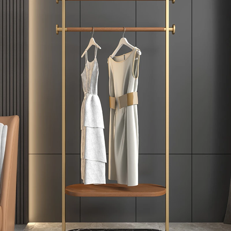 Multi-functional light luxury floor coat rack, modern bedroom, high-end solid wood hanger, bedside clothes artifact