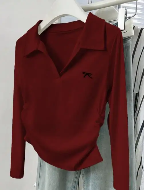 

Women's Tee Casual & Minimalist Solid Color Long-Sleeve T-Shirt Daily Clothing Autumn New Fashion Female Fashion Slim Style Top