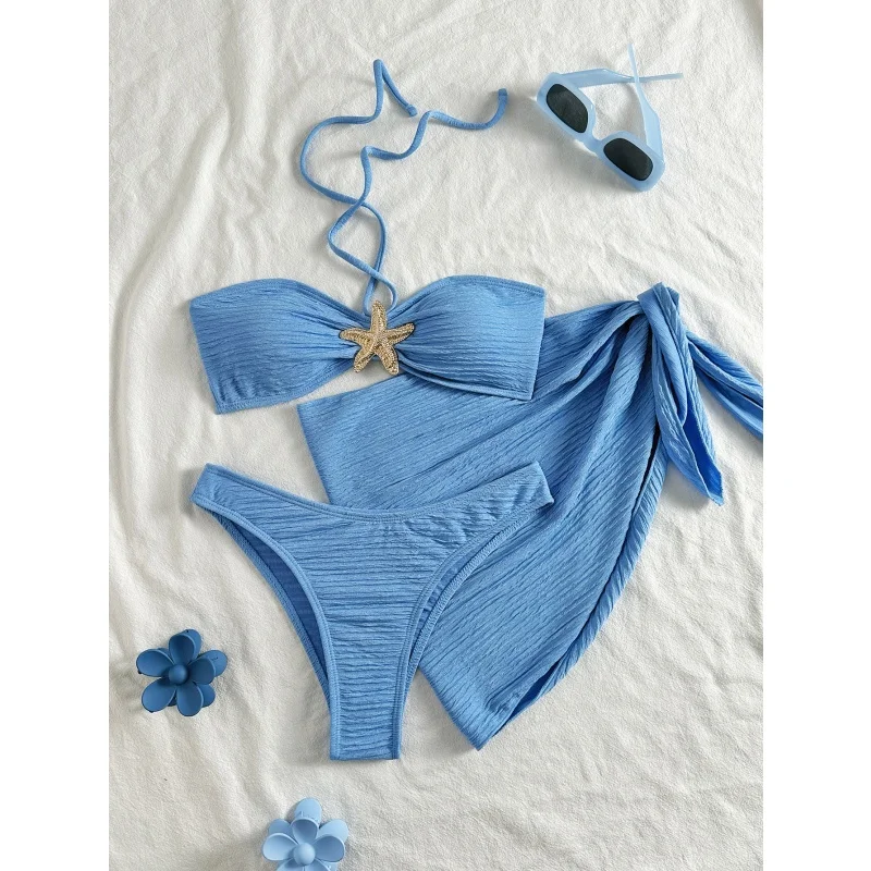 Metall Seestern Bandeau Bikini Set Damen Bademode Split Bikini Push Up Bandage Rock Cover Up 2025 Neue Urlaub Beachwear 3-teilig
