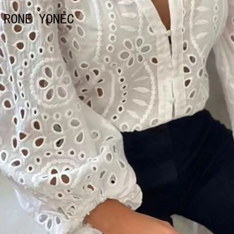 Women Chic Deep V Neck Long Sleeves Hook Flower Hollow White Blouse Tops