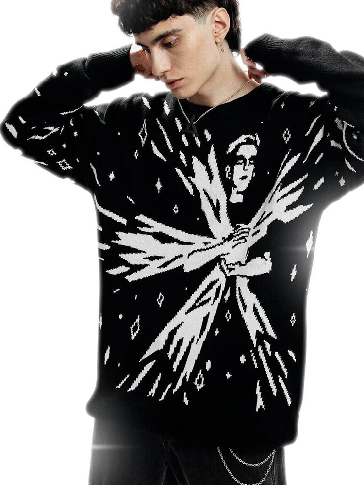 

Men Hip Hop Abstract Quasar Knitted Sweater Autumn Winter Harajuku Fashion High Street Loose Top Streetwear Pullover Y2K Clothes