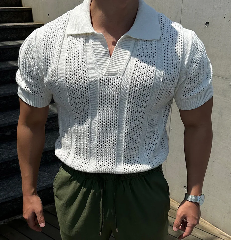베이스 레이어 남성용 통기성 홀로우 아웃 셔츠 2026 봄 여름 실크 코튼 아이스 실크 메쉬 커프드 슬리브 니트 티셔츠