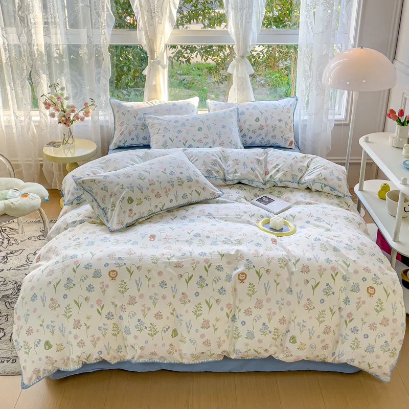 Set di biancheria da letto a fiori per ragazze pastorali, biancheria da letto in cotone lavato, Set di lenzuola con copripiumino morbido, copriletto