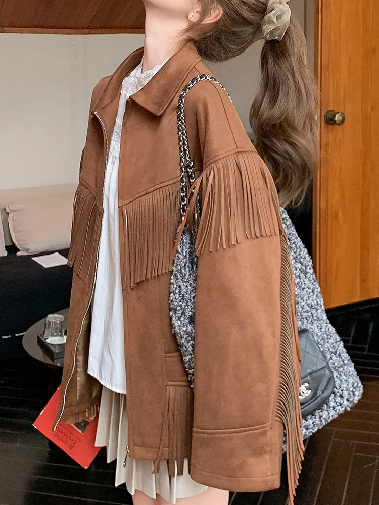 YERMORA براون الجلد المدبوغ شرابة جيب سترة خمر للنساء التلبيب كم طويل فضفاض معطف جديد موضة المد ربيع الخريف 2025