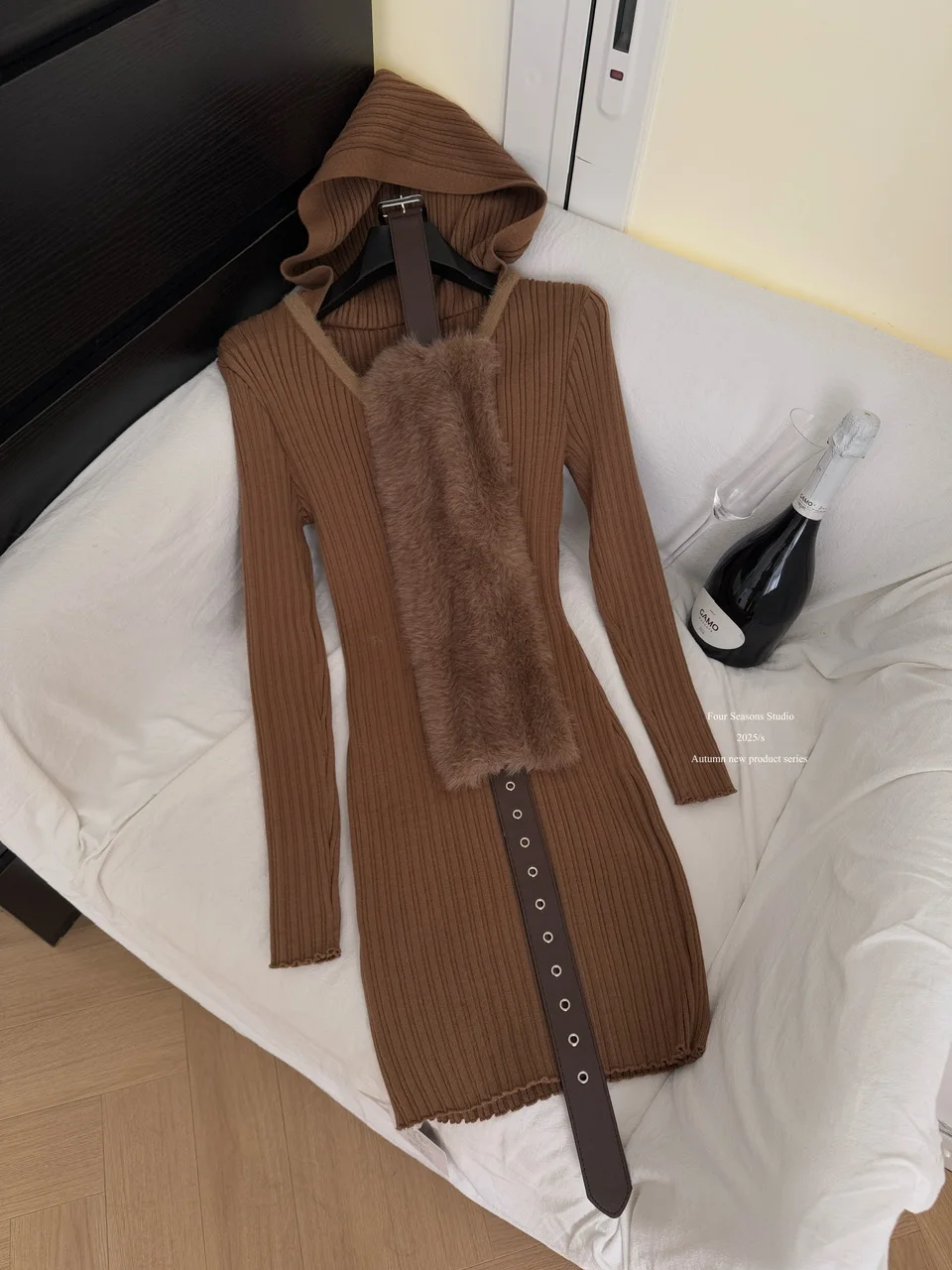 Outono inverno novo estilo de lã de malha com capuz vestido longo com decote em v retalhos cashmere camisola vestido fino ajuste base camada vestido c180