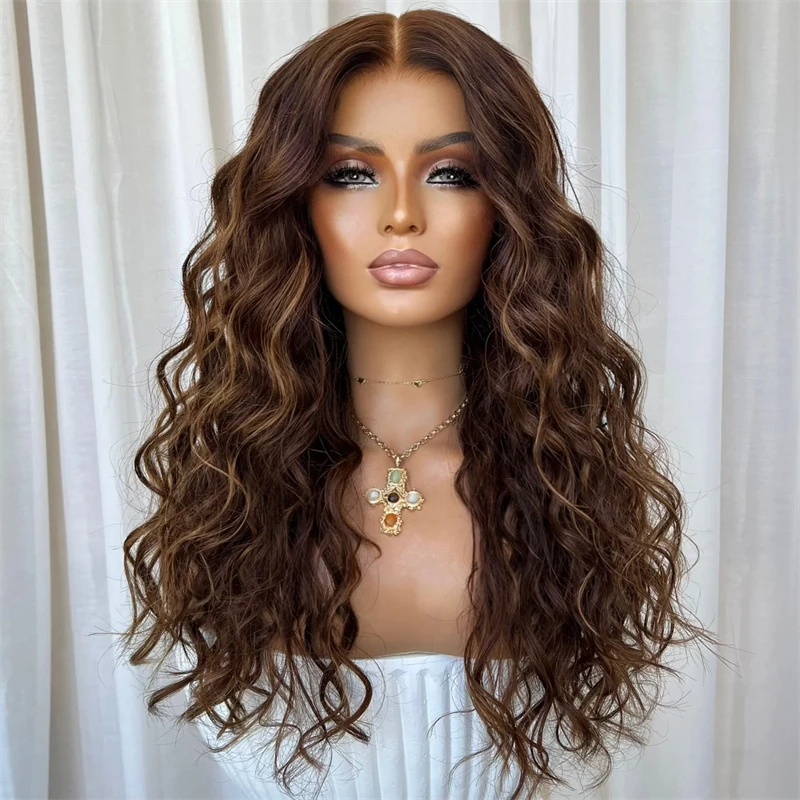 

Soft Long Water Wave Wig Ombre Chestnut Brown Highlights Synthetic Lace Front Wig Natural Preplucked Hairline with Baby Hair