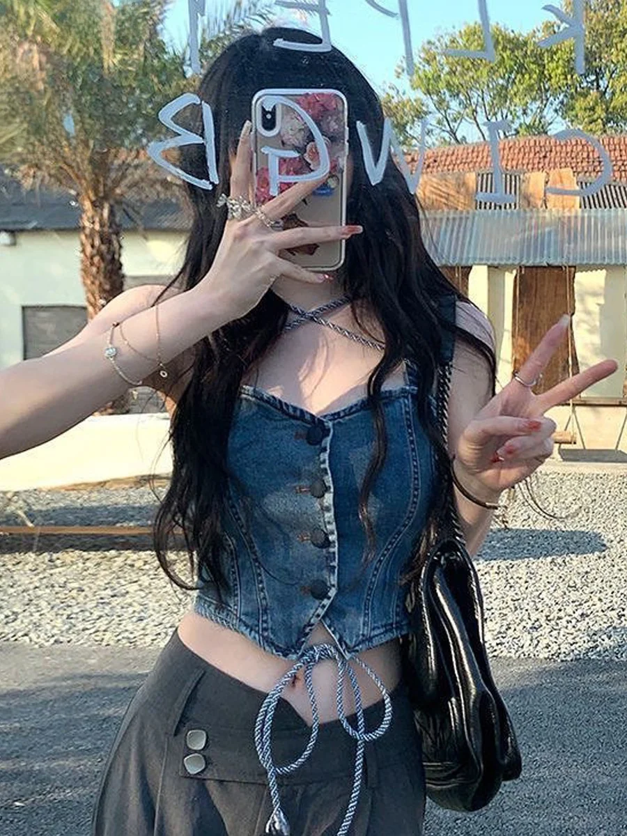 

Сексуальный джинсовый жилет с ремешком для пикантных девушек, женский новый дизайн с высокой талией, уличная крутая верхняя одежда с запахом на груди, модная