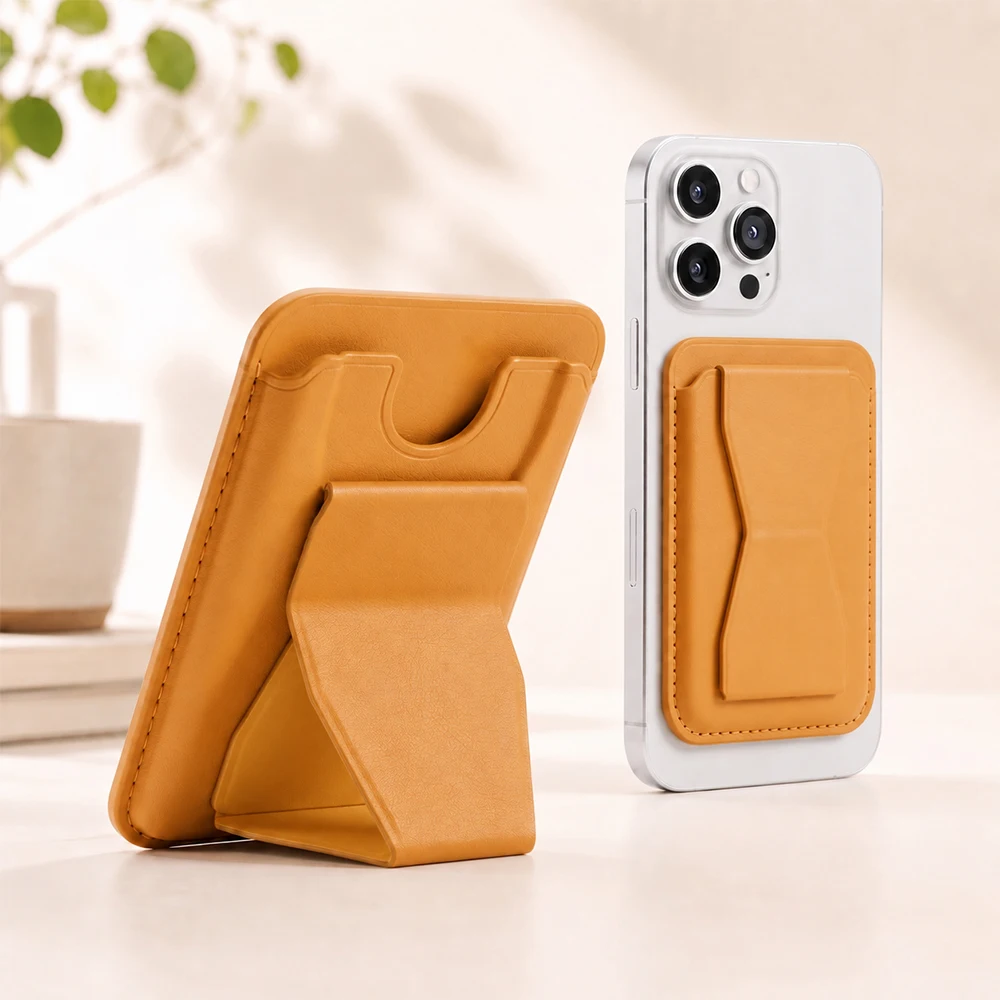 Universelle magnetische Handy-Geldbörse mit Kartenhalter, verstellbarem Ständer, PU-Leder-Rückentasche, abnehmbarem Griff mit Metallring