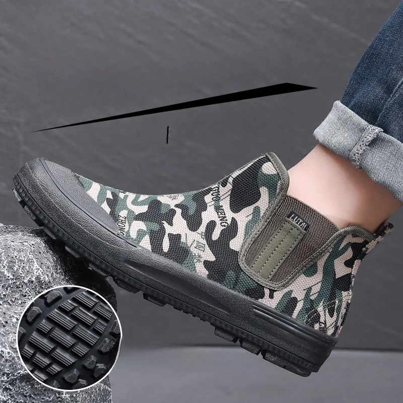 Men's Labor Protection Shoes Lightweight Breathable Canvas Work Shoes Wear-Resistant Middle Help for Construction Site Work
