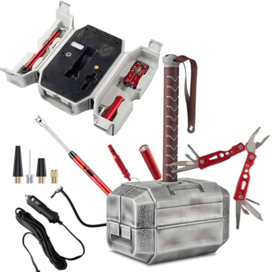 Electric Air Pump with Thor Hammer Toolbox - Portable 100 PSI Air Compressor with 4000mAh Battery for Inflating Bikes Car Tires