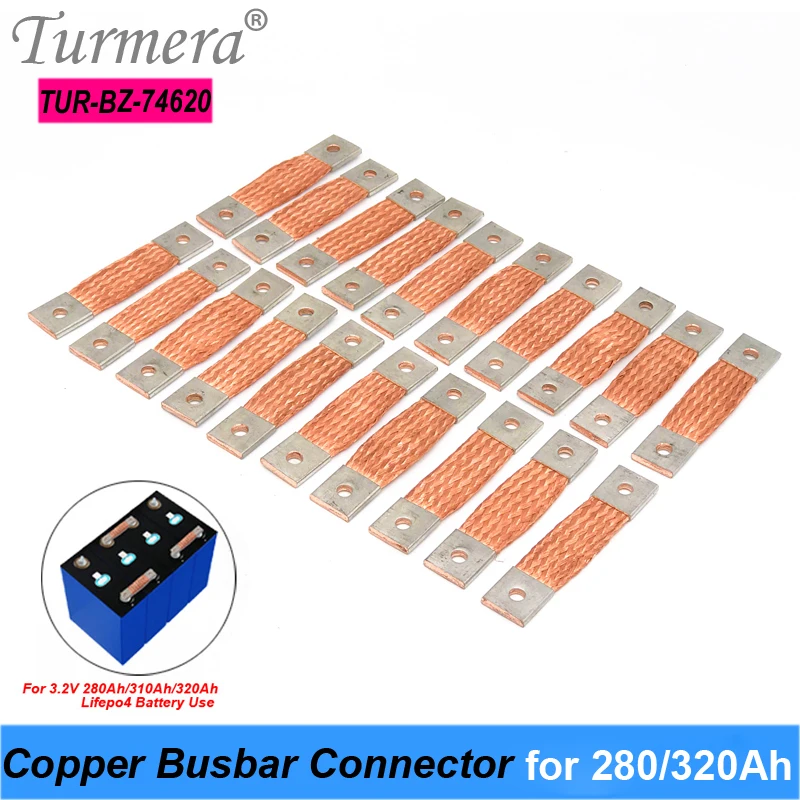 

Turmera 12V Lifepo4 Battery Busbar Copper Connecter Flexible Hole to Hole 74mm 2mm 400A Use in 280Ah 310Ah 320Ah Lifepo4 Battery