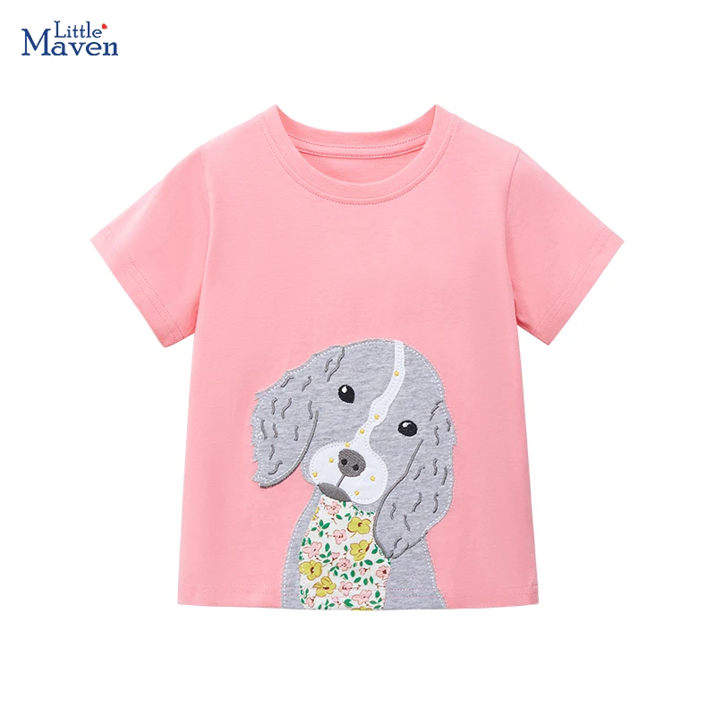 Little maven New Blouses Baby Girls Wear Tops Kids Clothes T-shirts for Children\'s Clothing Embroidery Cartoon Dogs Cotton 2024