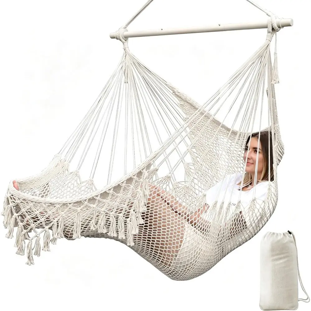 Hammock Chair Handmade Woven Mesh Hanging Seat Metal Spreader Bar | Cotton Blended Rope Hanging Chair Ventilated Sot-Spun Large