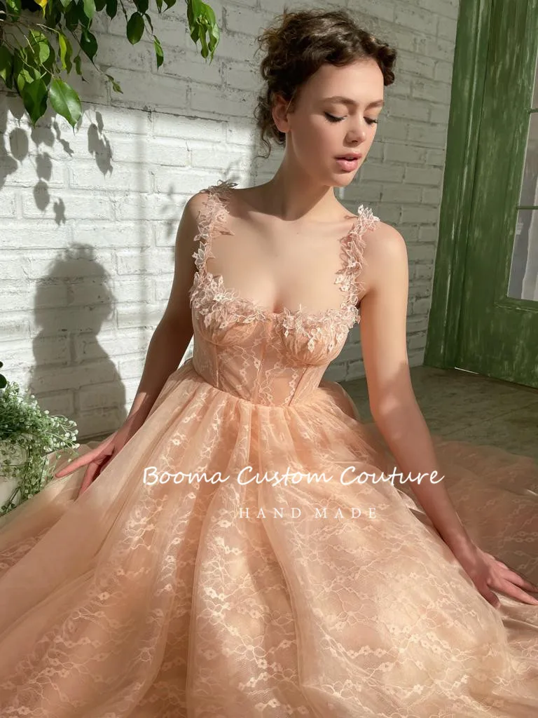 Booma 2022 Peach Lace Midi Prom Dresses Sweetheart Spaghetti Straps A-Line Wedding Party Dresses Tea-Length Short Evening Gowns