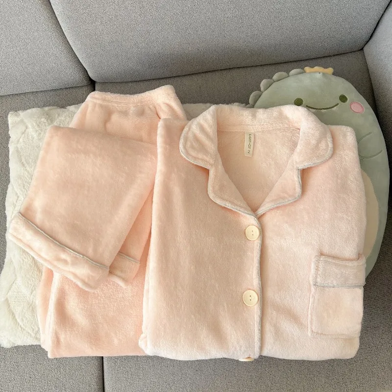 

Solid Elegant Solid Thickened Fleece Pajamas for Women Warm 2025 Winter New Solid Coral Fleece Student Casual Homewear Set New