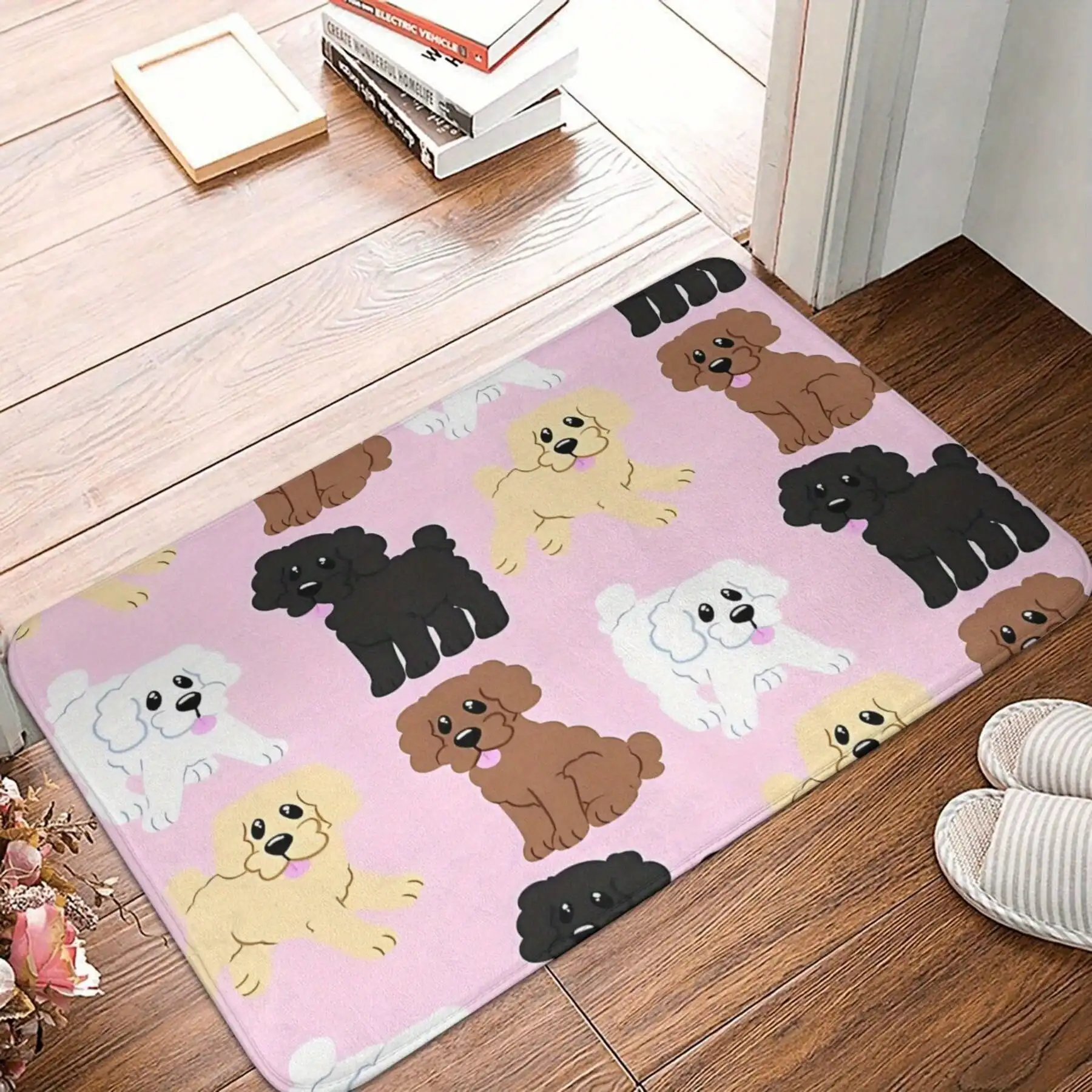 Charming Pink Poodle & Puppies Doormat - Soft Flannel Bath Mat, Machine Washable, Perfect For Home Decor & Christmas, Outdoor Rug, Simple, 1pc, Christmas Decor