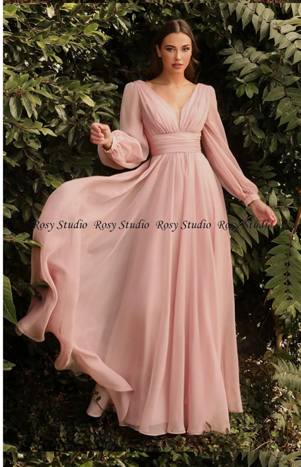 Hot Sale New Simple V Neck Long Bridesmaid Dresses with Long Sleeves Wedding Guest Gown Maid of Honor Evening Dress