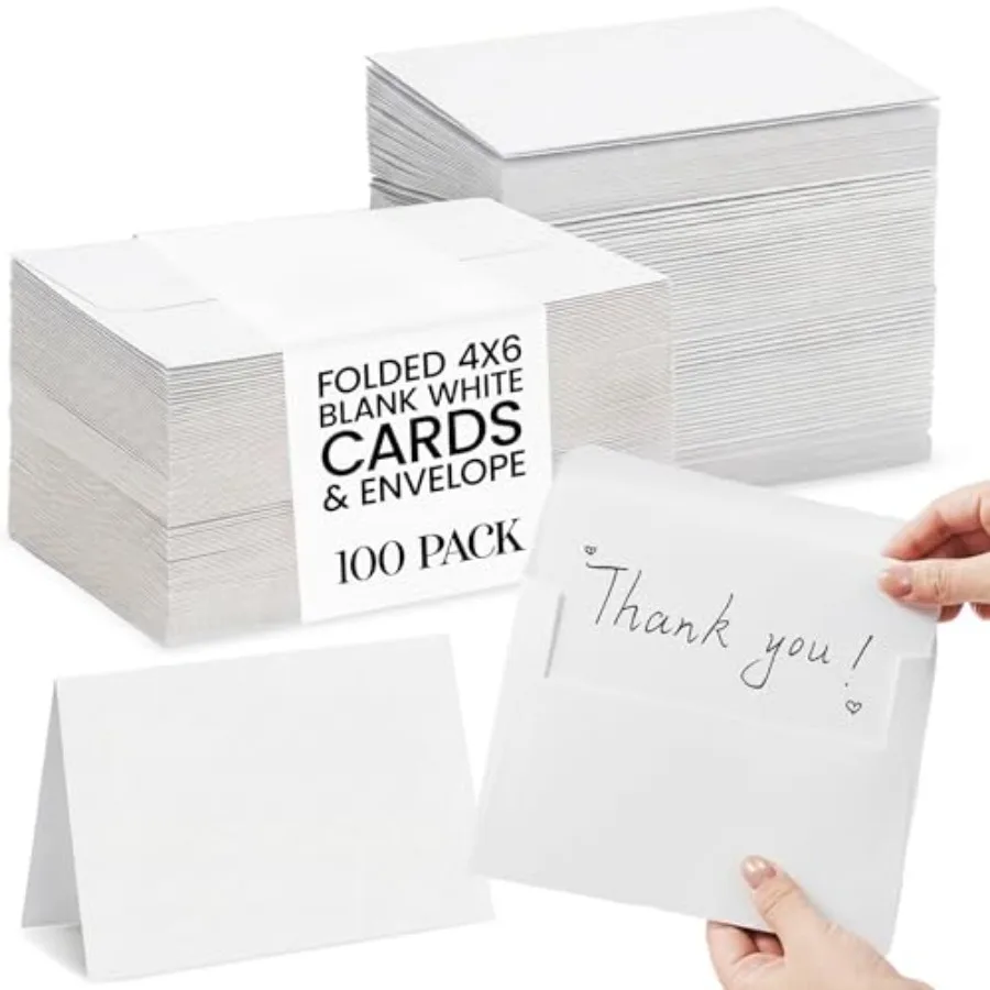

Folded White Cards 100PK 4x6 Blank Greeting Cards with Envelopes Premium Cardstock for Invitations Weddings Birthdays DIY Craft
