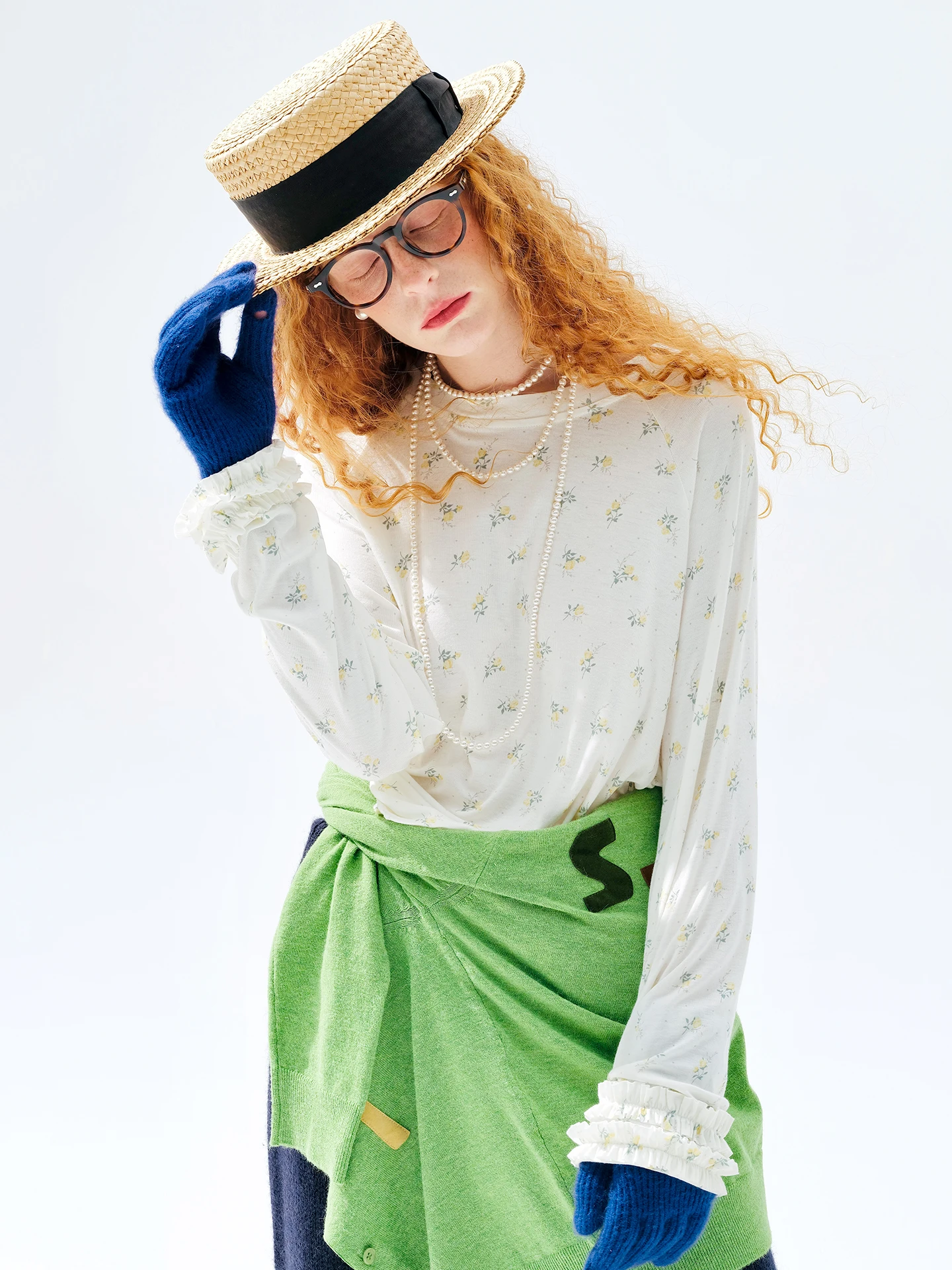 Wit T-shirt met lange mouwen - imakokoni 2025 Herfst Veelzijdige bloemenprint Artistiek Casual Ruches Innerlijke herfsttop 255262