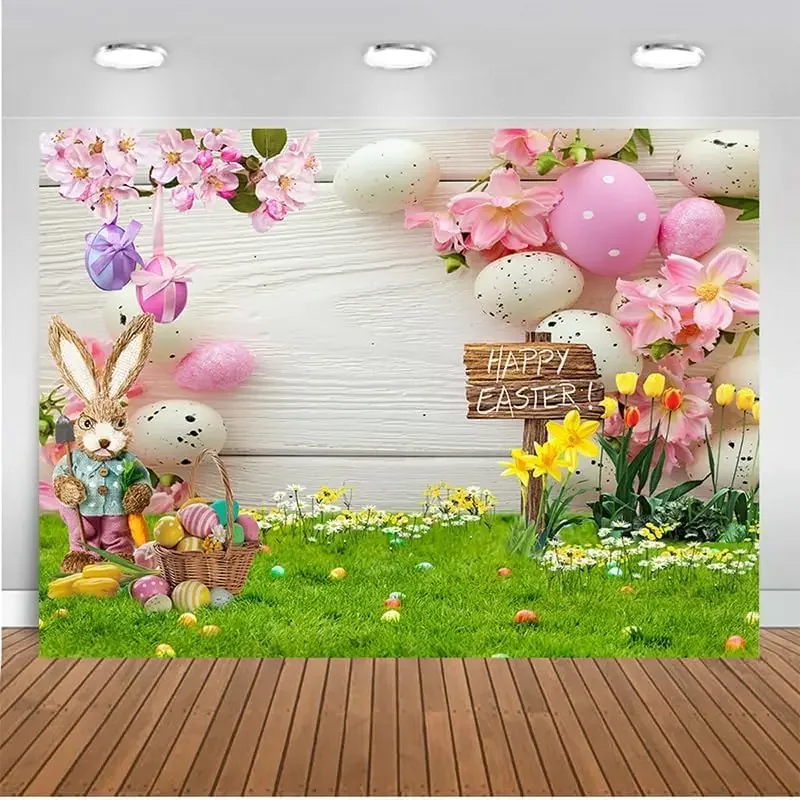 

spring Easter garden Rustic Wooden Wall Rabbit Colorful Eggs Party Decor Banner photo background photography backdrop studio