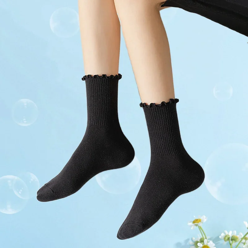 5/10 Pairs Black White Novelty Funny Ankle Socks Cute Solid Cotton Breathable Crew Socks High Quality Women Ruffle Frilly Socks