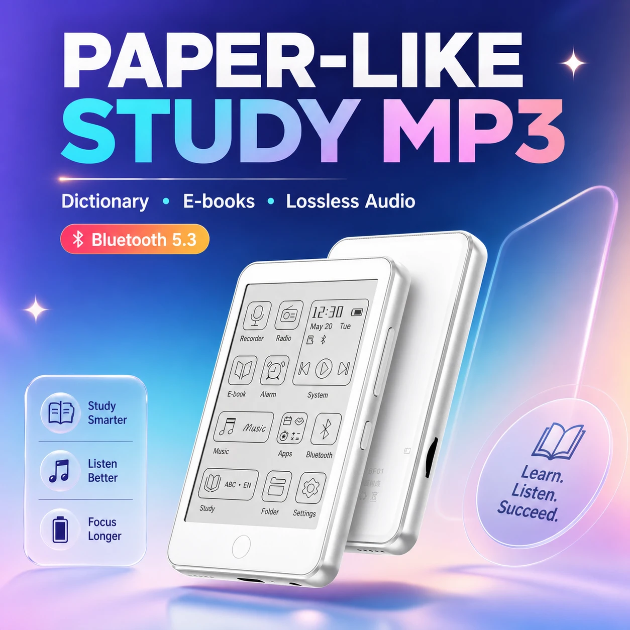 Famue BF01 Lettore MP3 e TXT con Display E-ink - Schermo Rispettoso degli Occhi, Bluetooth 5.3, Altoparlante Esterno, Registratore Vocale HD, Regalo p