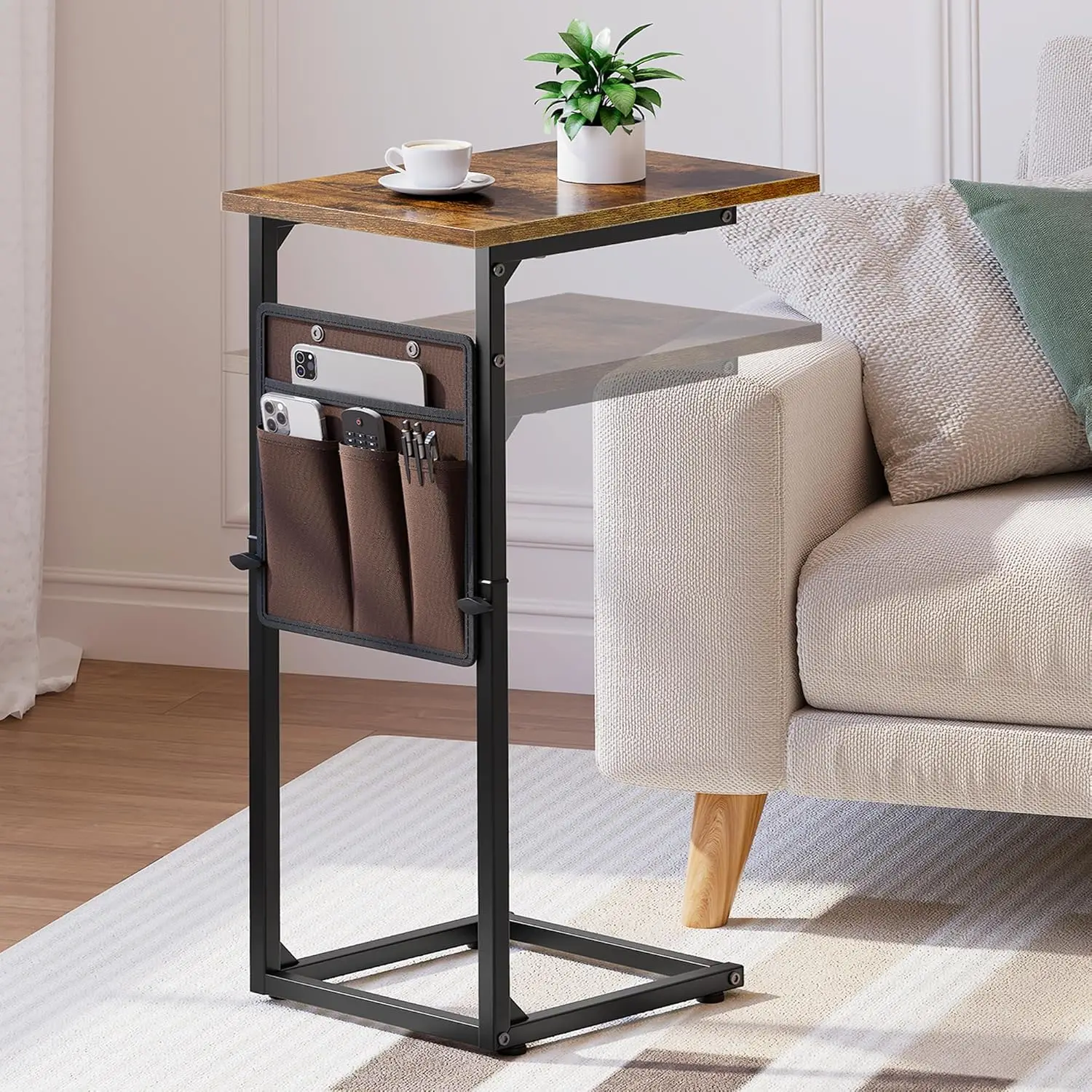 

C-Shaped End Table, Adjustable Height Sofa Table with Metal Frame, Slide Under Recliner, Brown, for Living Room Bedroom