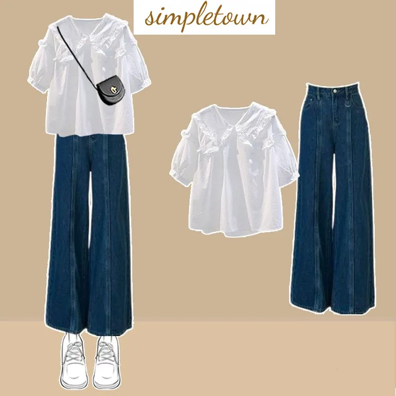 Ruffle Edge This Week Chiffon Shirt Blouse Wide Leg Jeans Two Piece Elegant Women's Pants Set Summer Outfits Clothing