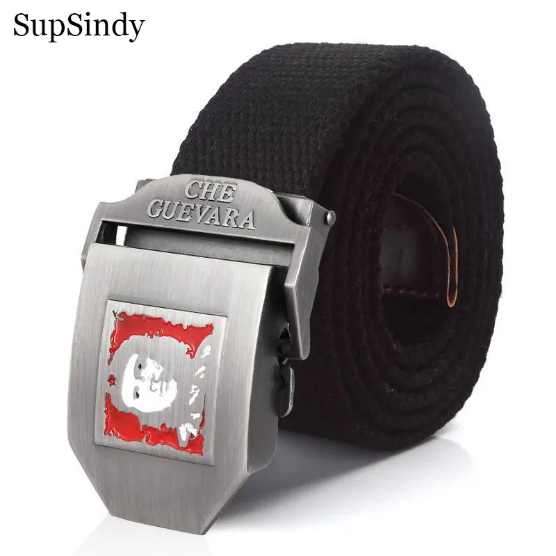 SupSindy Men Canvas Belt Che Guevara Metal Buckle Army Military Tactical Belts For Men Fashion Jeans Waistband Male Strap Black