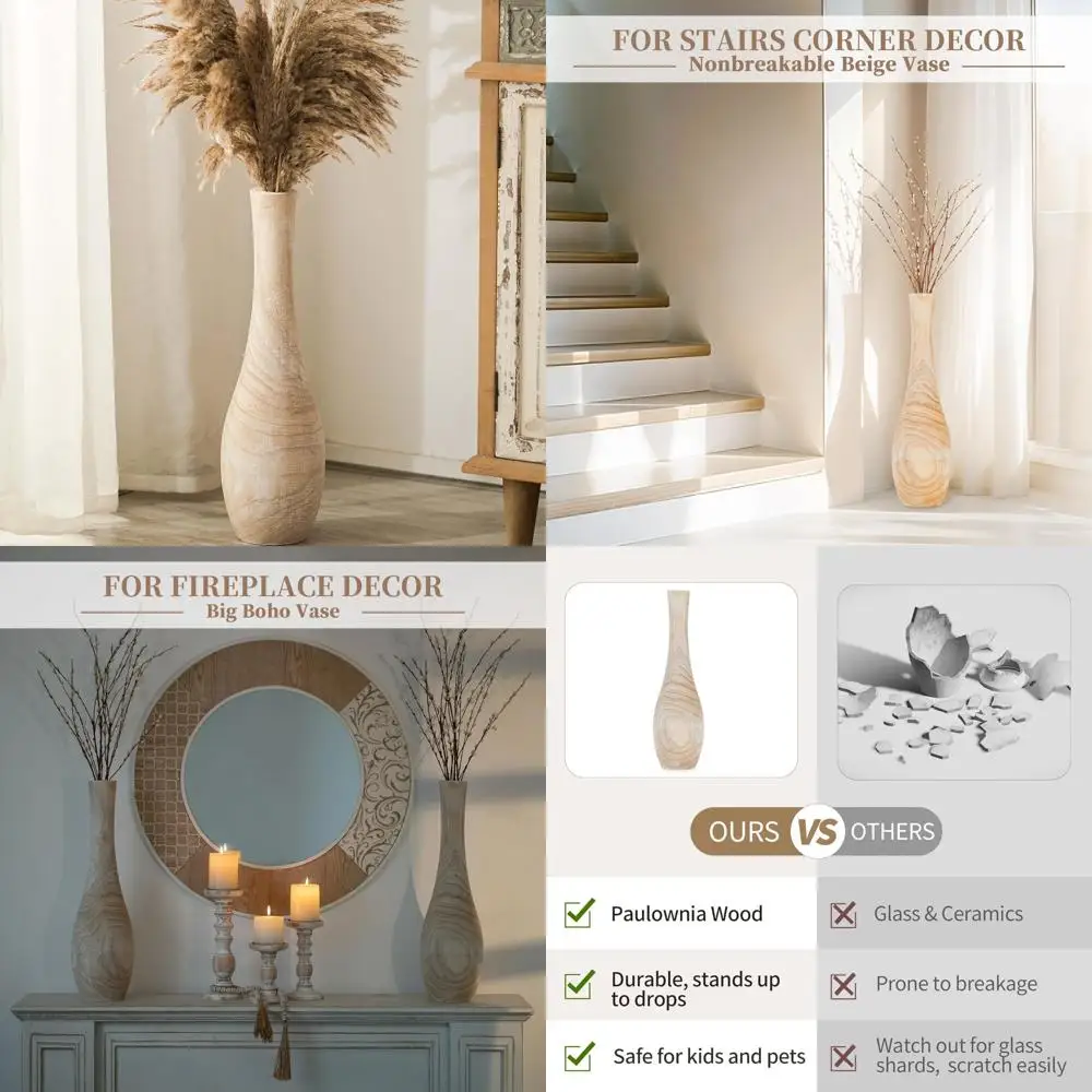 

Большая деревянная ваза в деревенском стиле в стиле бохо - 22-дюймовые декоративные вазы высотой для гостиной и обеденного стола, домашний декор