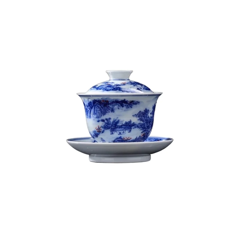 

Ceramic underglaze blue and white hand-painted landscape cover bowl tea cup tea cup personal special kung fu tea set
